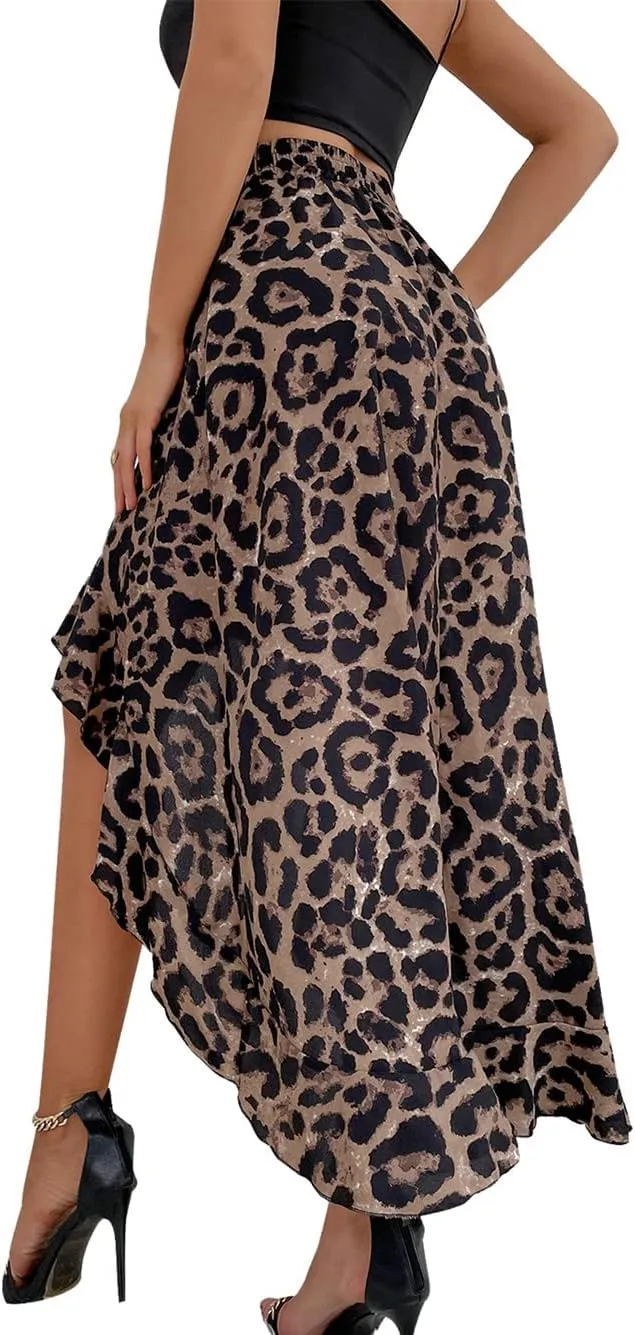 CHARTOU Women's Boho Elastic High Waist High Low Ruffle Floral Print Maxi Sexy Swing Skirt