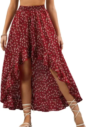 CHARTOU Women's Boho Elastic High Waist High Low Ruffle Floral Print Maxi Sexy Swing Skirt