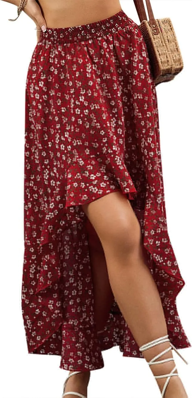 CHARTOU Women's Boho Elastic High Waist High Low Ruffle Floral Print Maxi Sexy Swing Skirt