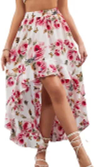 CHARTOU Women's Boho Elastic High Waist High Low Ruffle Floral Print Maxi Sexy Swing Skirt