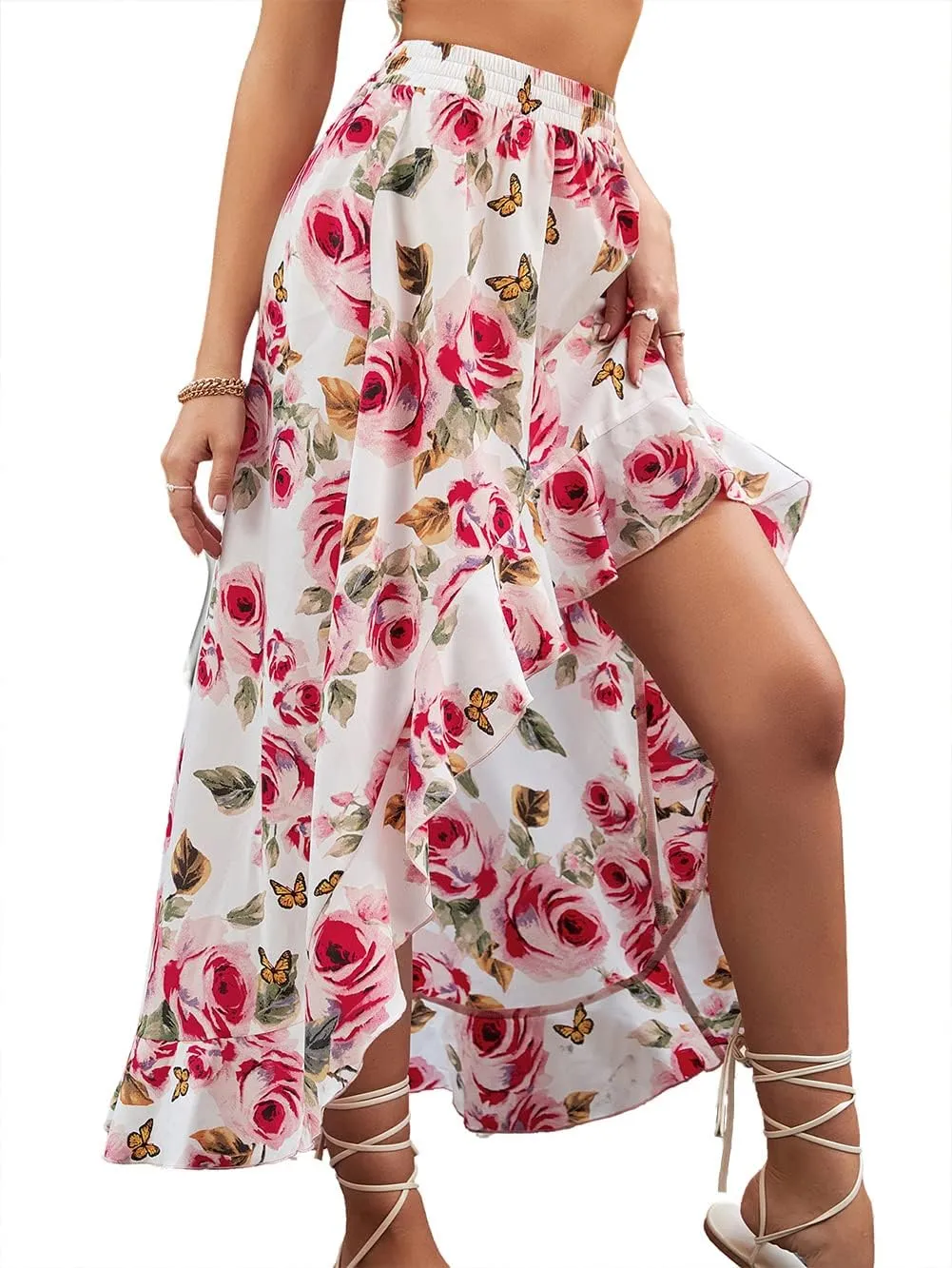 CHARTOU Women's Boho Elastic High Waist High Low Ruffle Floral Print Maxi Sexy Swing Skirt