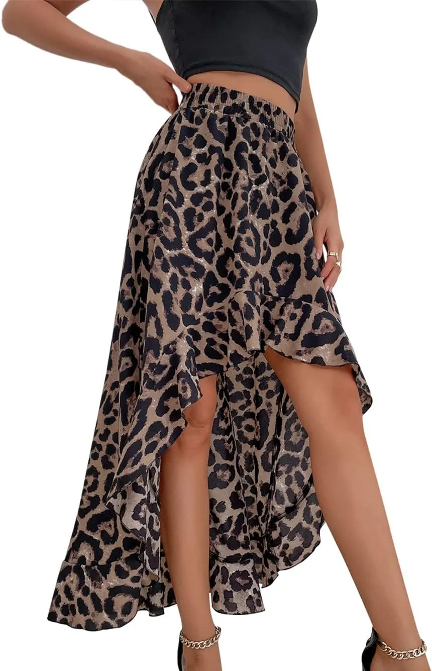 CHARTOU Women's Boho Elastic High Waist High Low Ruffle Floral Print Maxi Sexy Swing Skirt