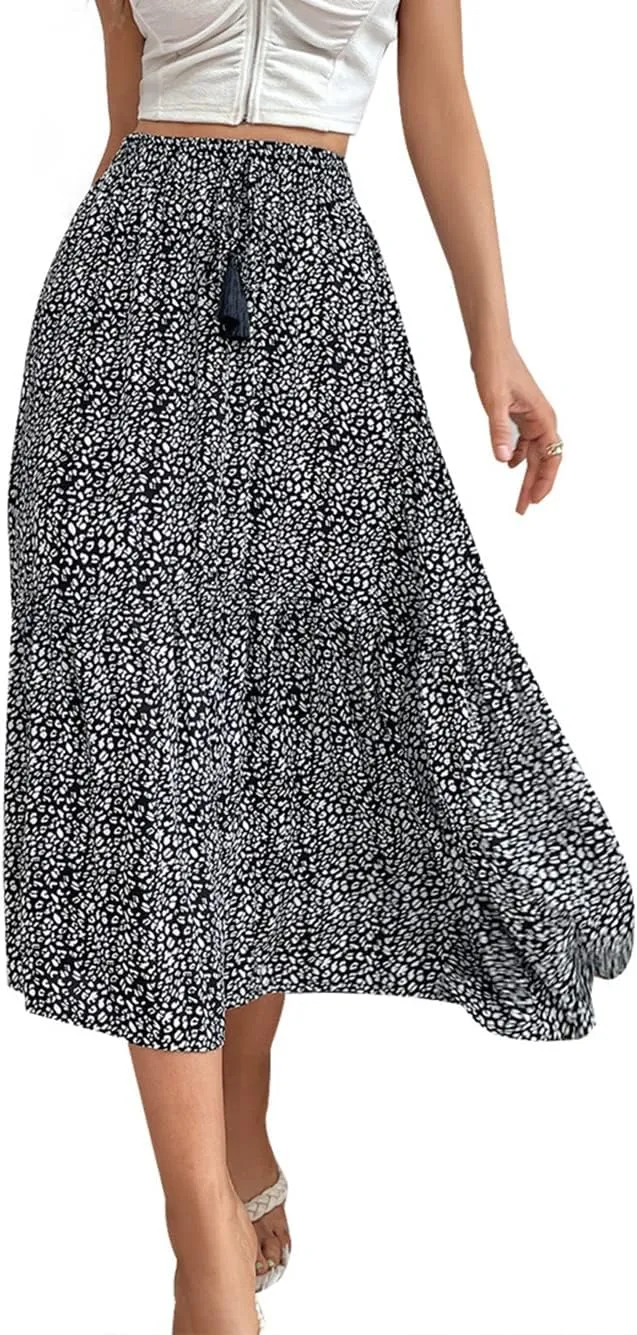 CHARTOU Women's Drawstring Elastic High Waist Floral Print Pleated Chiffon Midi Long Swing Skirt