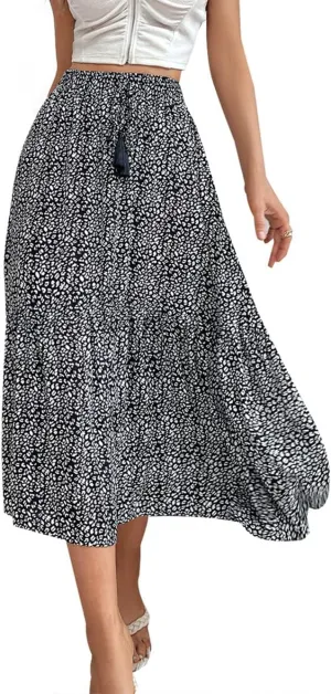 CHARTOU Women's Drawstring Elastic High Waist Floral Print Pleated Chiffon Midi Long Swing Skirt