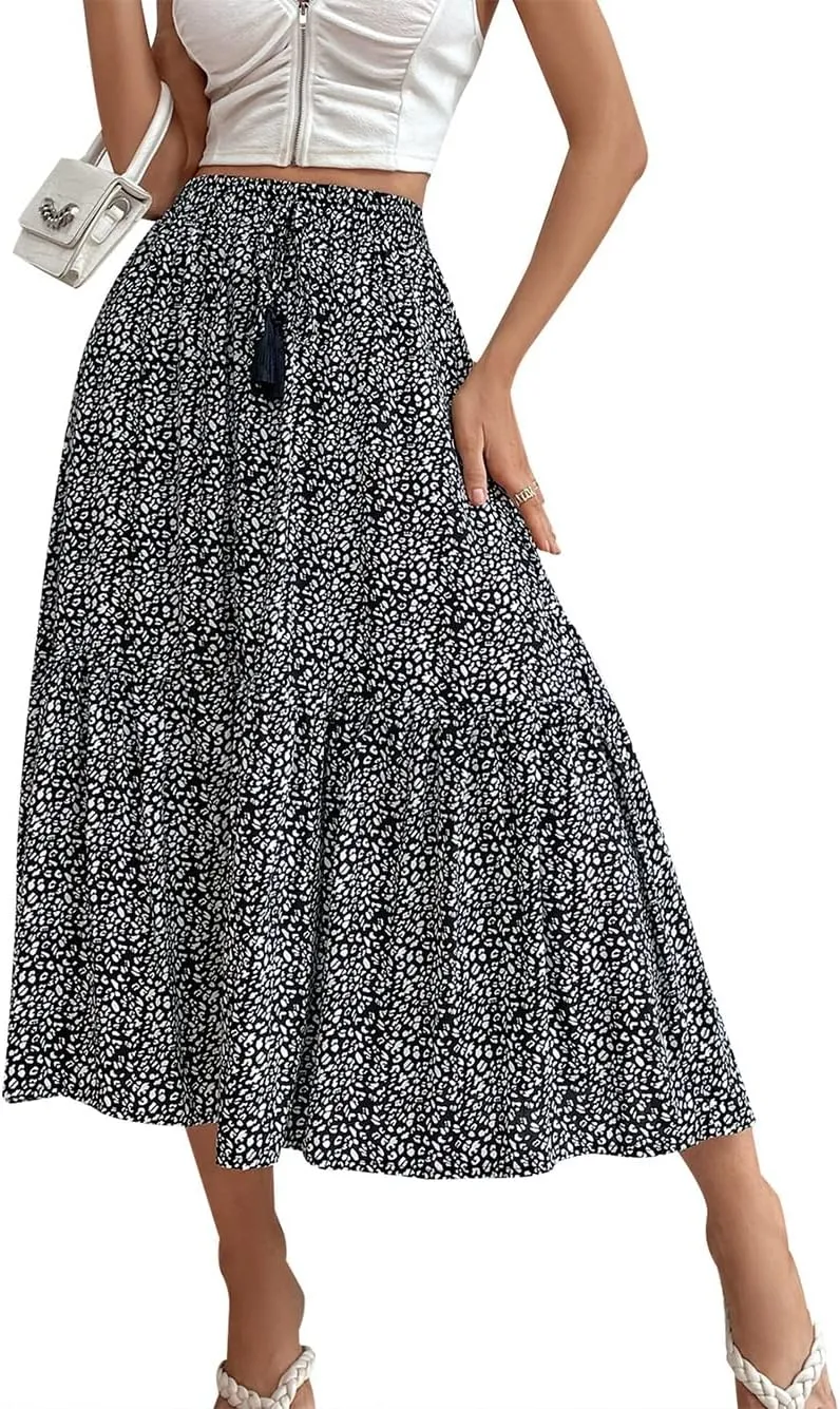 CHARTOU Women's Drawstring Elastic High Waist Floral Print Pleated Chiffon Midi Long Swing Skirt