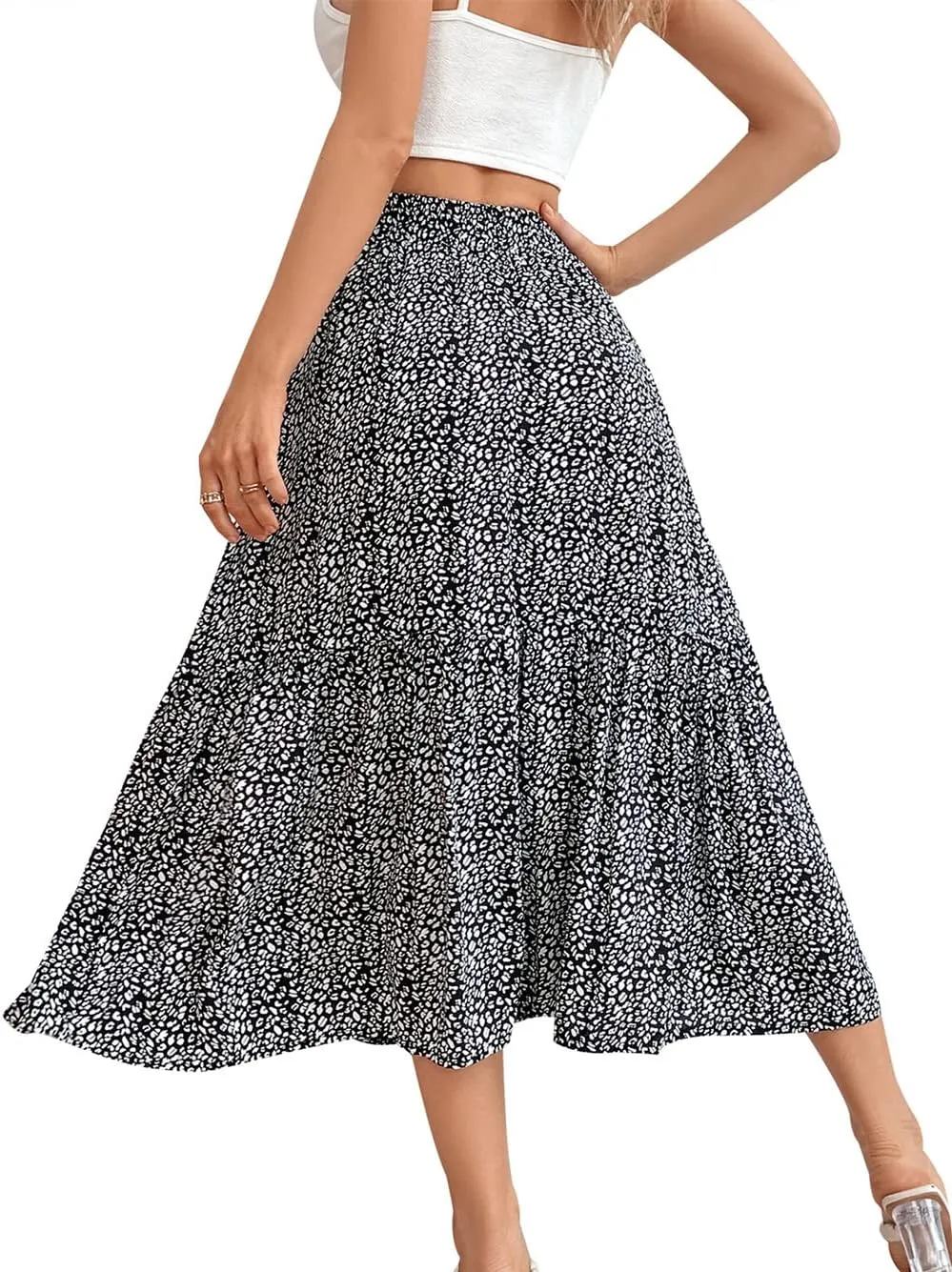 CHARTOU Women's Drawstring Elastic High Waist Floral Print Pleated Chiffon Midi Long Swing Skirt