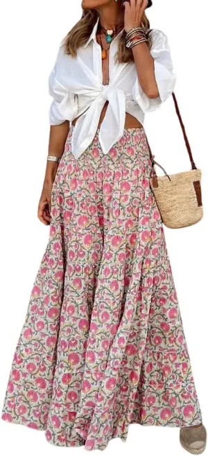 CHARTOU Women's Summer Casual Floral Print High Waist Pleated A-Line Tiered Maxi Skirt