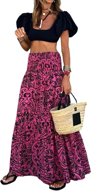 CHARTOU Women's Summer Casual Floral Print High Waist Pleated A-Line Tiered Maxi Skirt