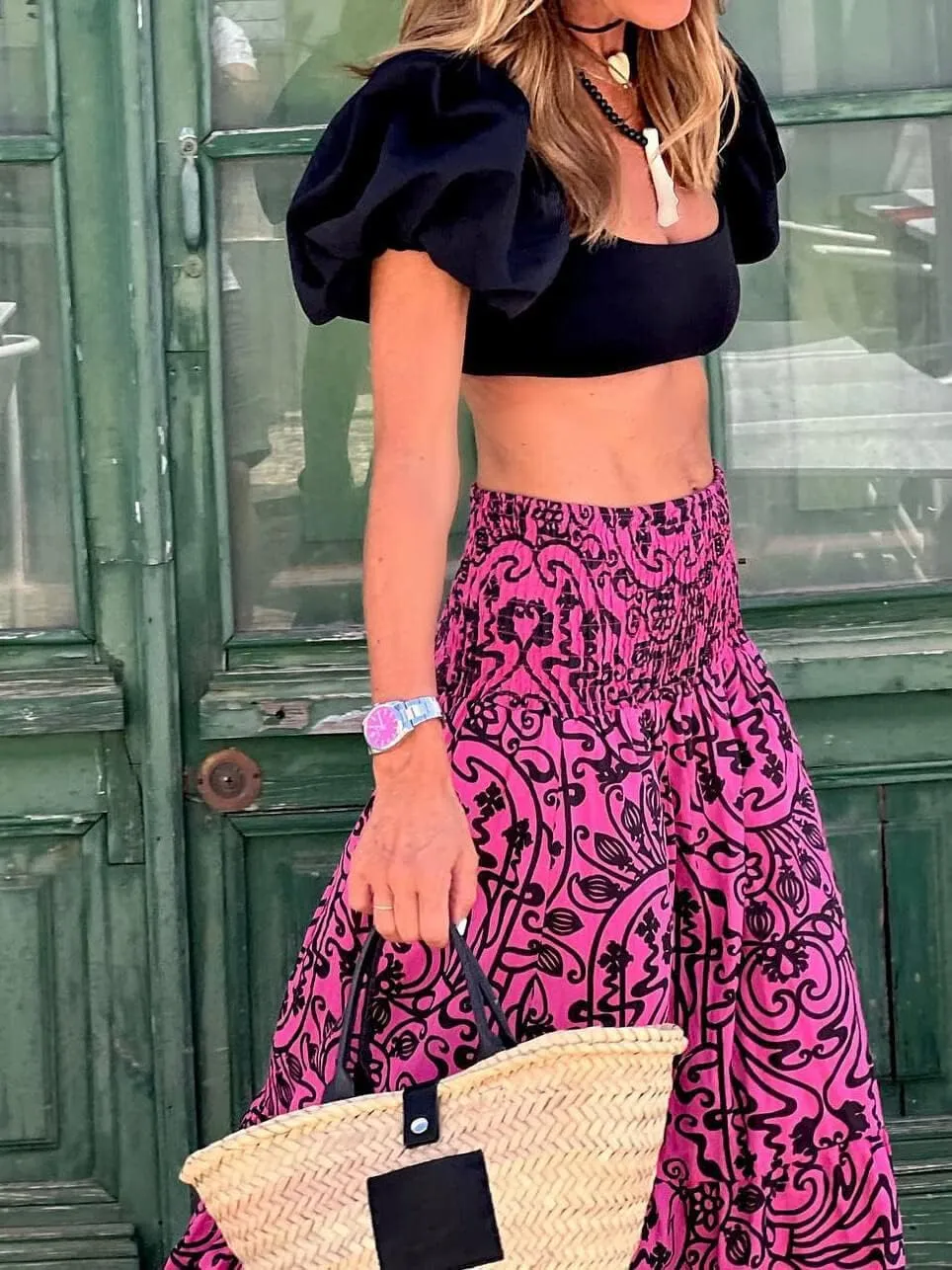 CHARTOU Women's Summer Casual Floral Print High Waist Pleated A-Line Tiered Maxi Skirt