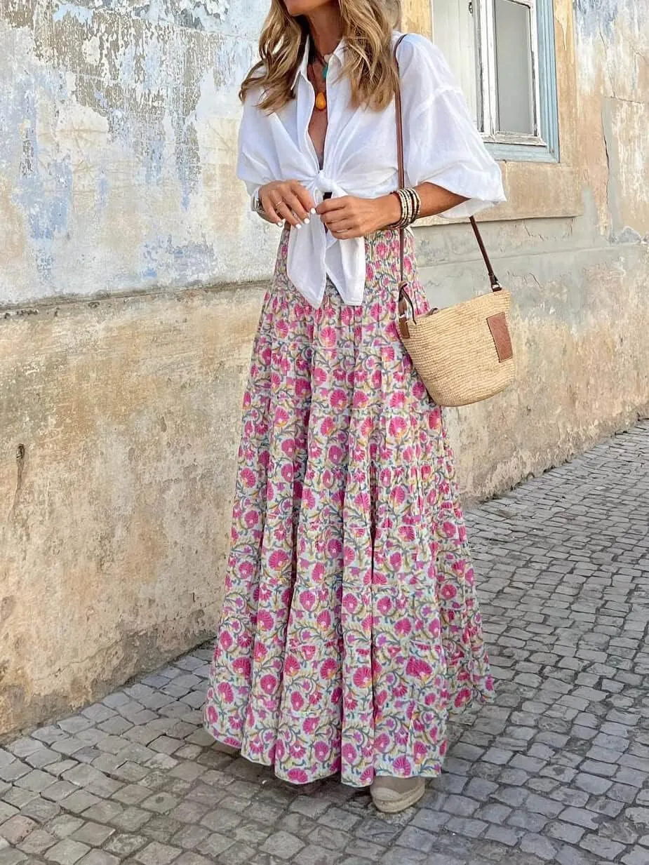 CHARTOU Women's Summer Casual Floral Print High Waist Pleated A-Line Tiered Maxi Skirt