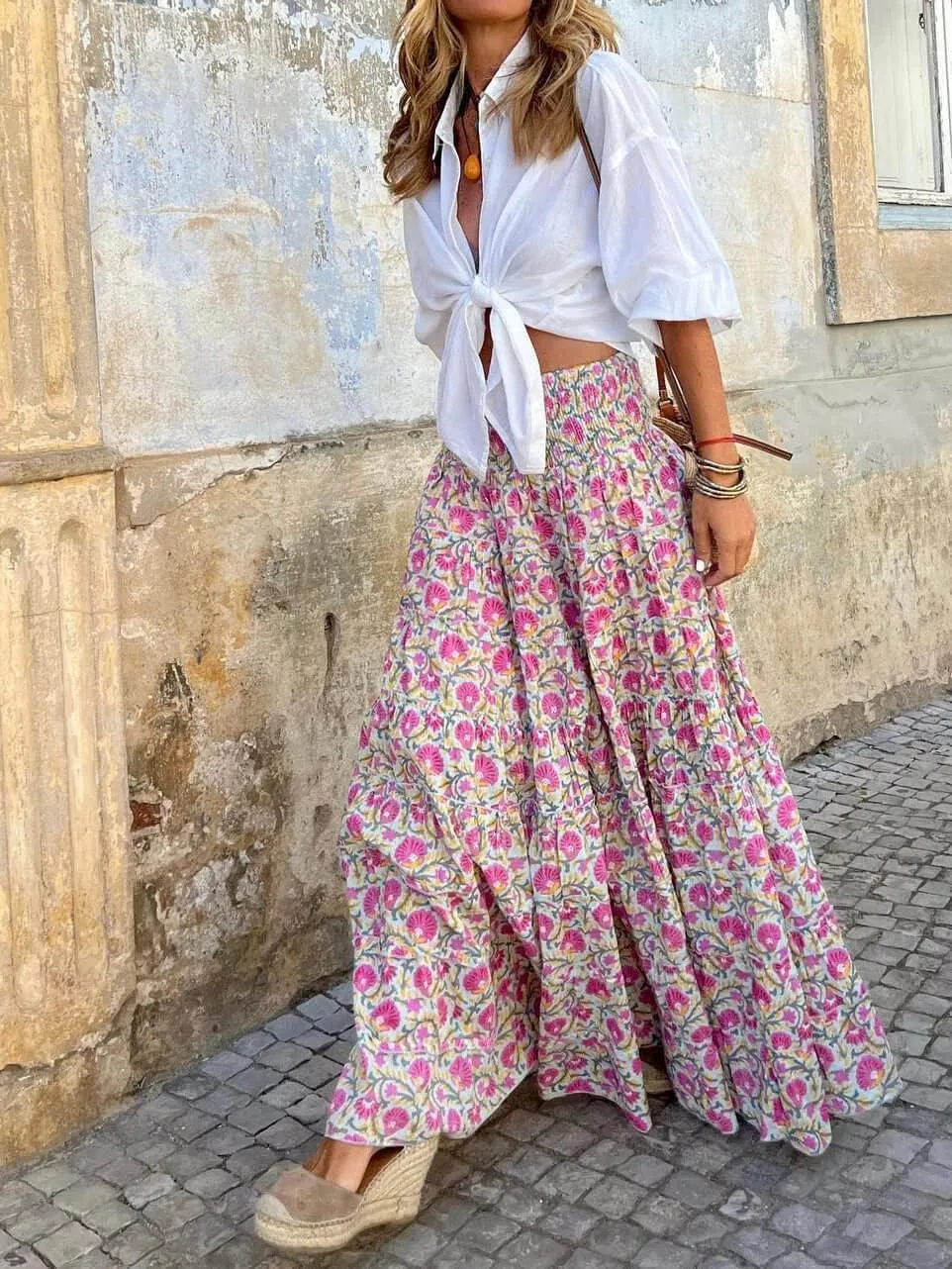 CHARTOU Women's Summer Casual Floral Print High Waist Pleated A-Line Tiered Maxi Skirt