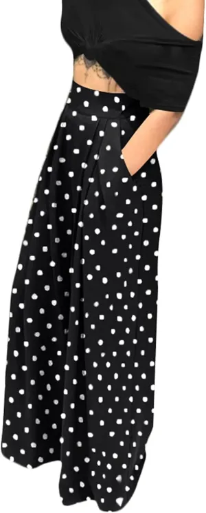 Chatinction Women's Casual Palazzo Pants High Waist Pleated Polka Dot Printed Wide Leg Pants with Pockets