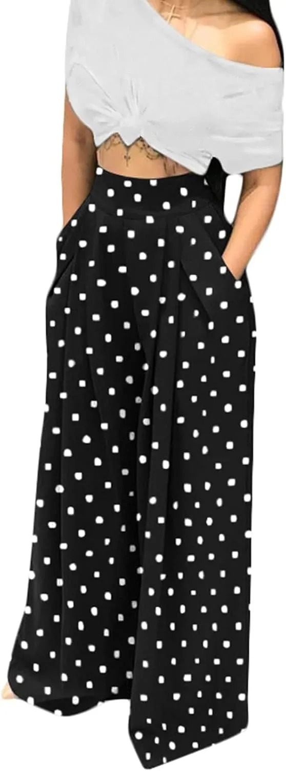 Chatinction Women's Casual Palazzo Pants High Waist Pleated Polka Dot Printed Wide Leg Pants with Pockets