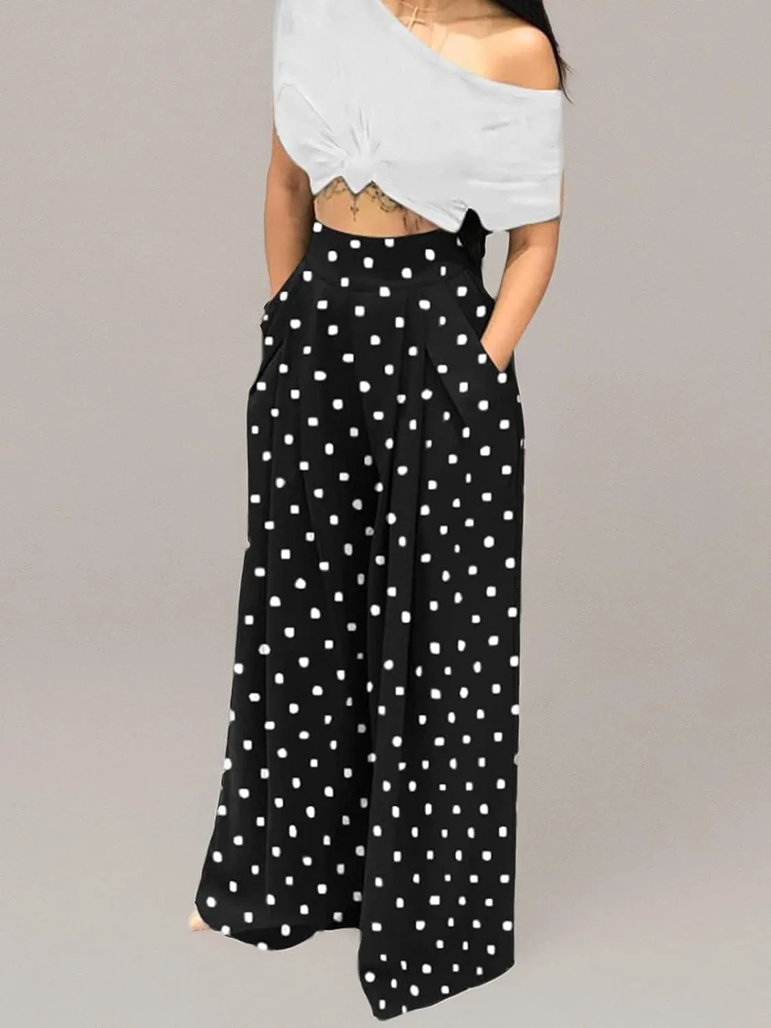 Chatinction Women's Casual Palazzo Pants High Waist Pleated Polka Dot Printed Wide Leg Pants with Pockets