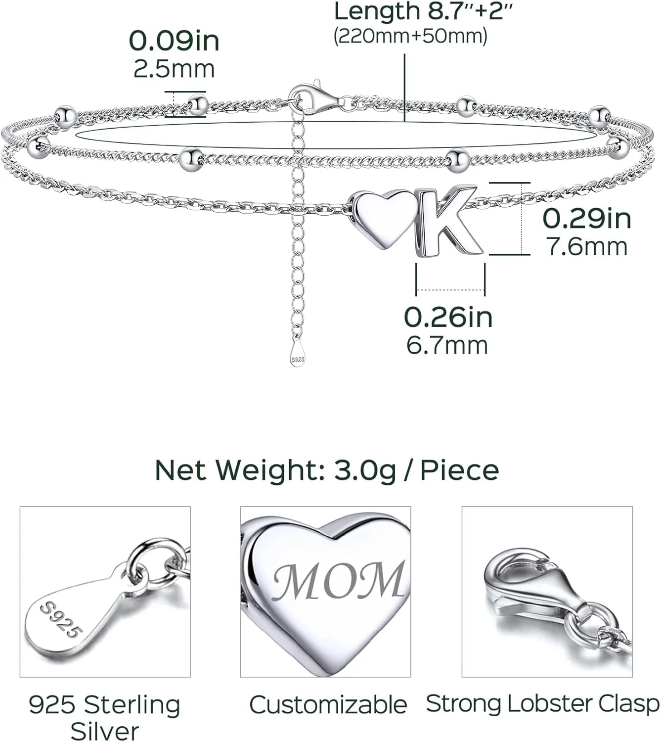 ChicSilver Sterling Silver Anklets for Women Hypoallergenic Womens Ankle Bracelets for Women Layered Heart Anklet With Initials Womens Anklets Jewelry for Mom Wife