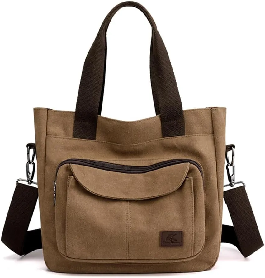 Chikencall Women Vintage Shoulder Bag Canvas Multi Pocket Handbag Casual Top Handle Purse Casual Shopper Crossbody Satchel