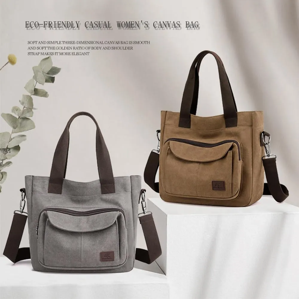 Chikencall Women Vintage Shoulder Bag Canvas Multi Pocket Handbag Casual Top Handle Purse Casual Shopper Crossbody Satchel
