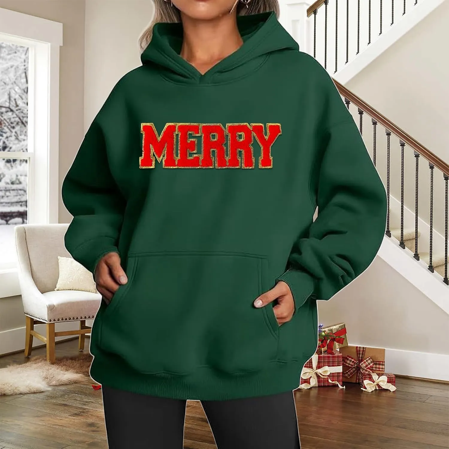 Christmas Sweatshirts for Women 2024 Merry Letter Shirt Oversized Long Sleeve Hoodie Pullover Sweatshirt Xmas Tops