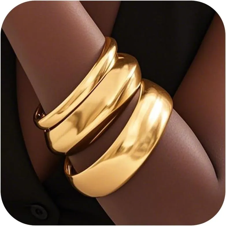Chunky Gold Bangles for Women Wide Chunky Cuff Bangle Bracelets Non Tarnish Stackable Bracelet Set Minimalist Jewelry Gift
