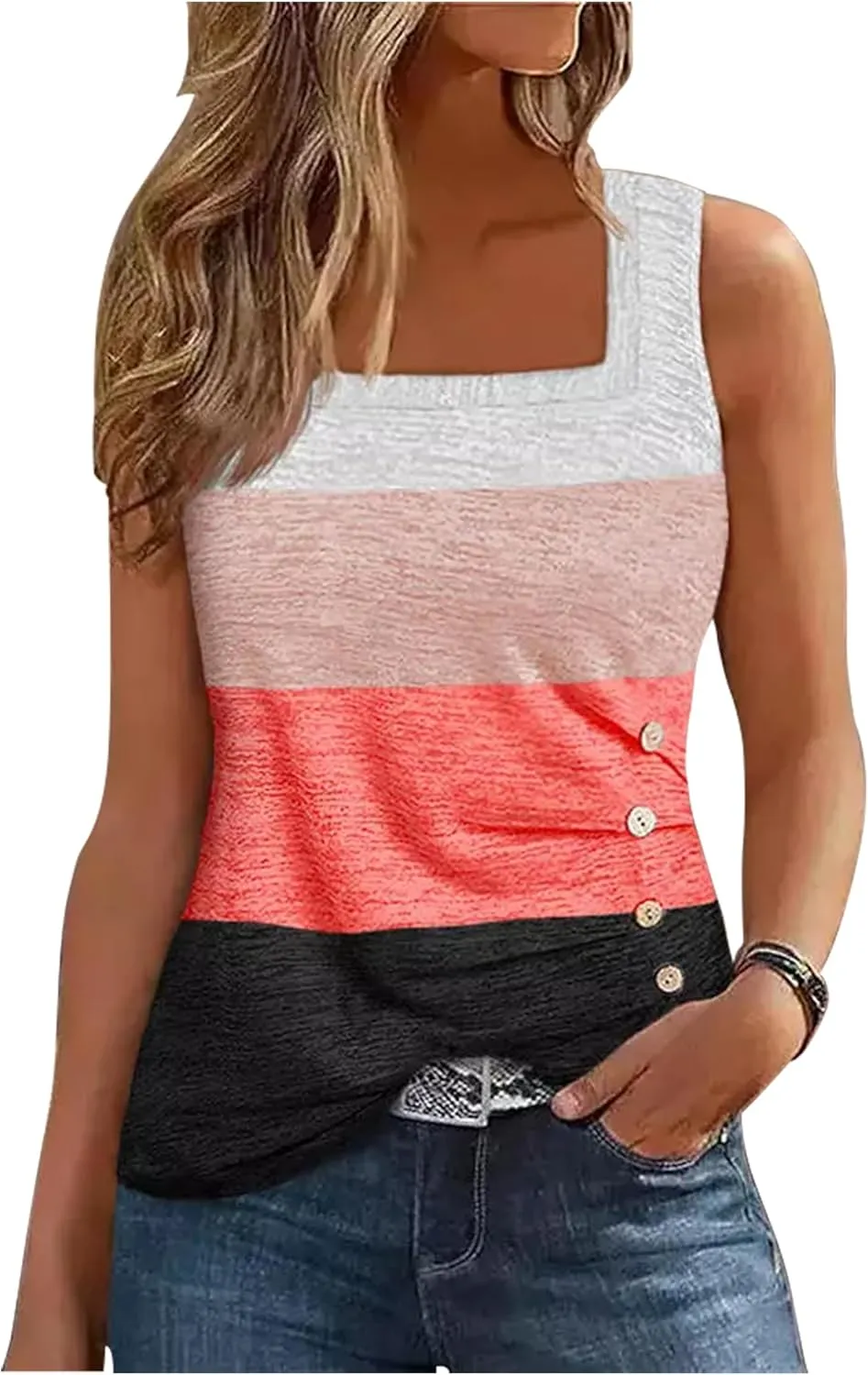 CHUNTIANRAN Color Block Ruched Button Square Collar Tank Top for Women Summer Tank Tee Casual Loose-Fit Sleeveless Shirt