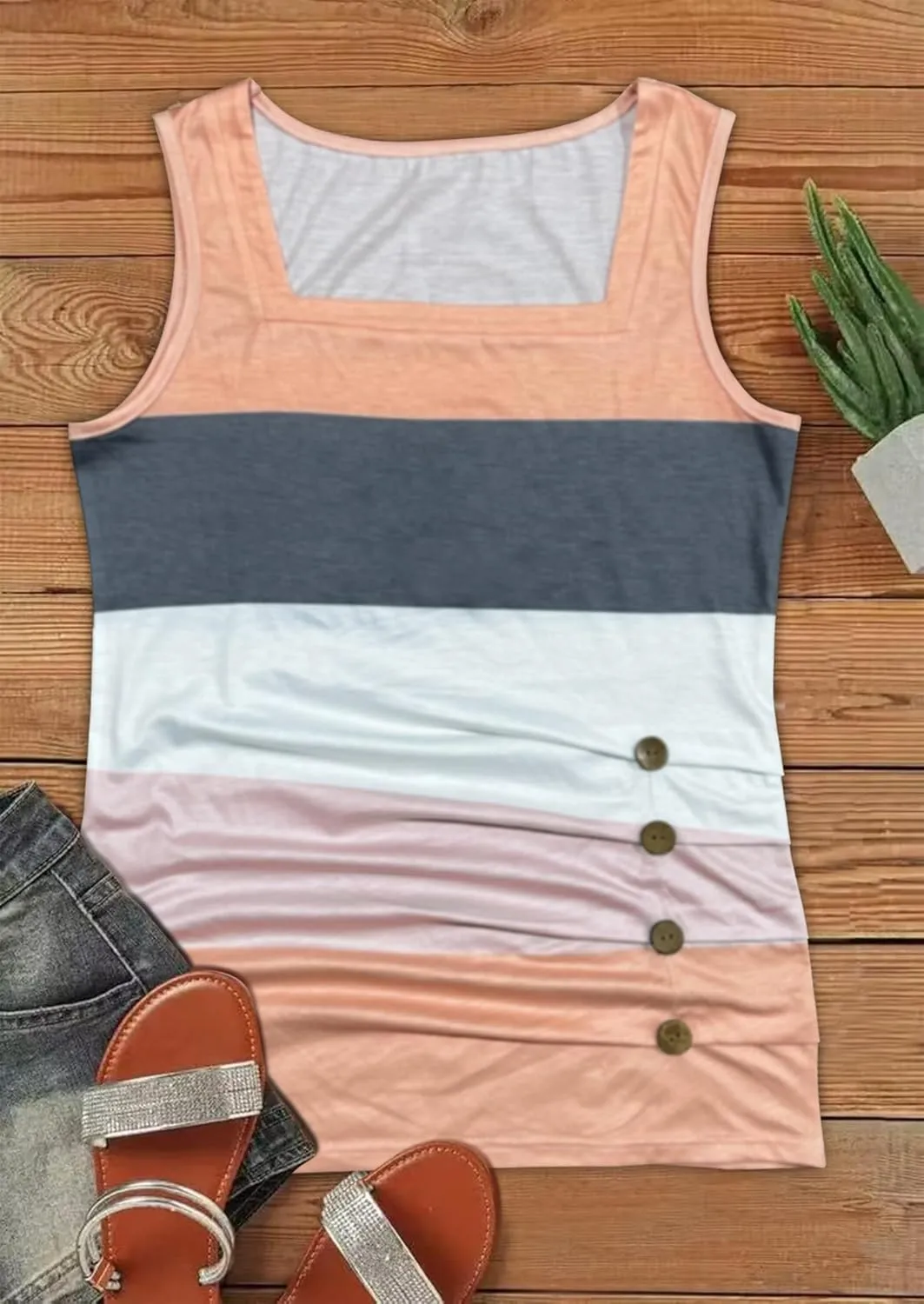 CHUNTIANRAN Color Block Ruched Button Square Collar Tank Top for Women Summer Tank Tee Casual Loose-Fit Sleeveless Shirt