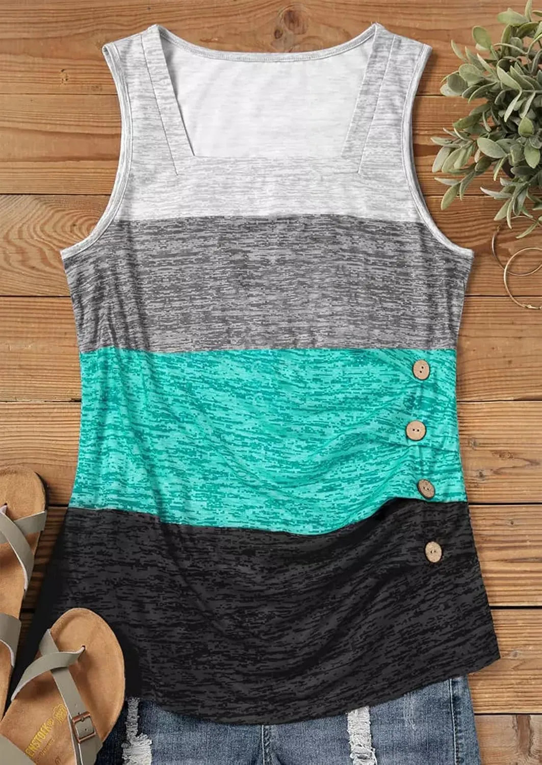 CHUNTIANRAN Color Block Ruched Button Square Collar Tank Top for Women Summer Tank Tee Casual Loose-Fit Sleeveless Shirt