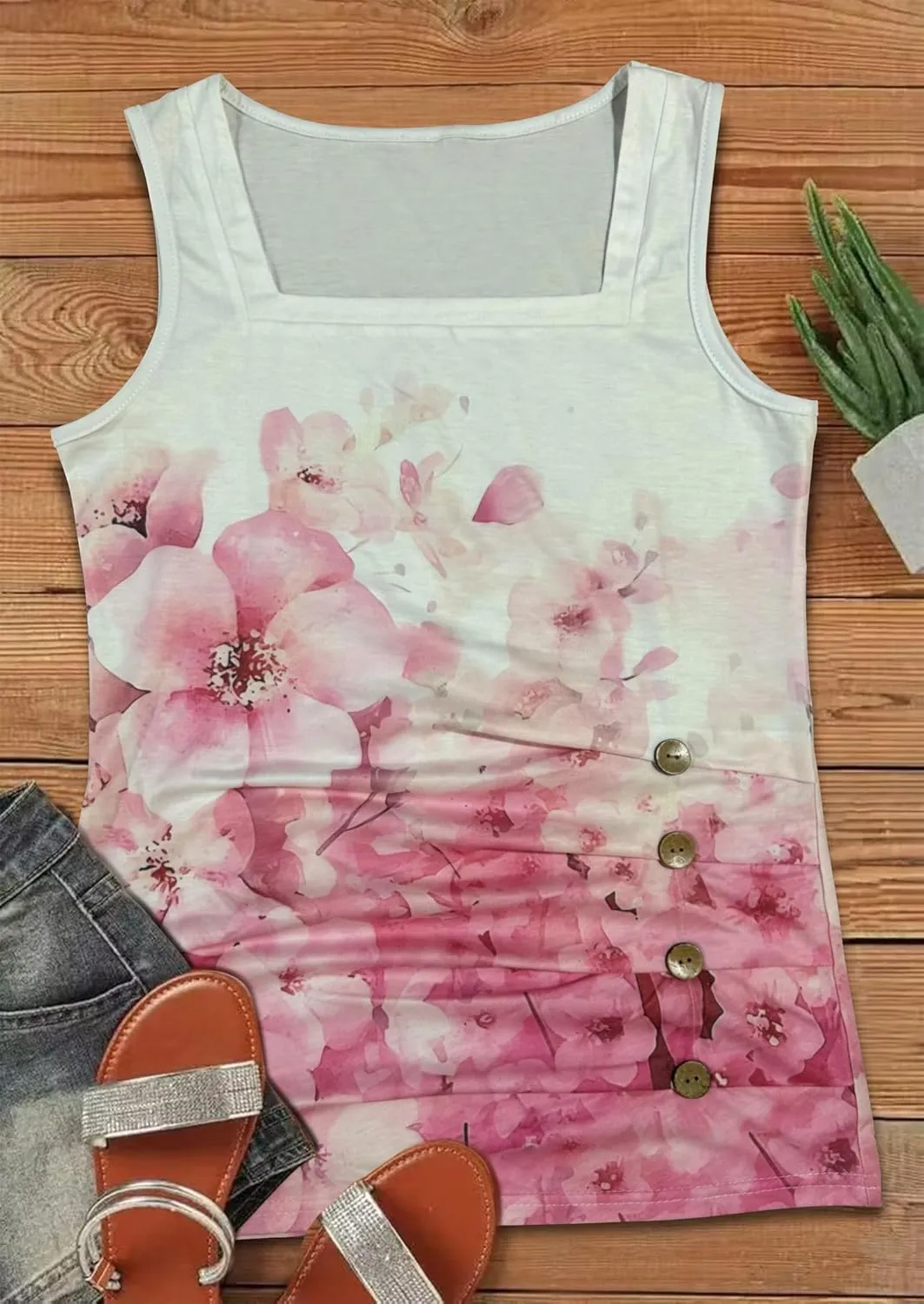 CHUNTIANRAN Color Block Ruched Button Square Collar Tank Top for Women Summer Tank Tee Casual Loose-Fit Sleeveless Shirt