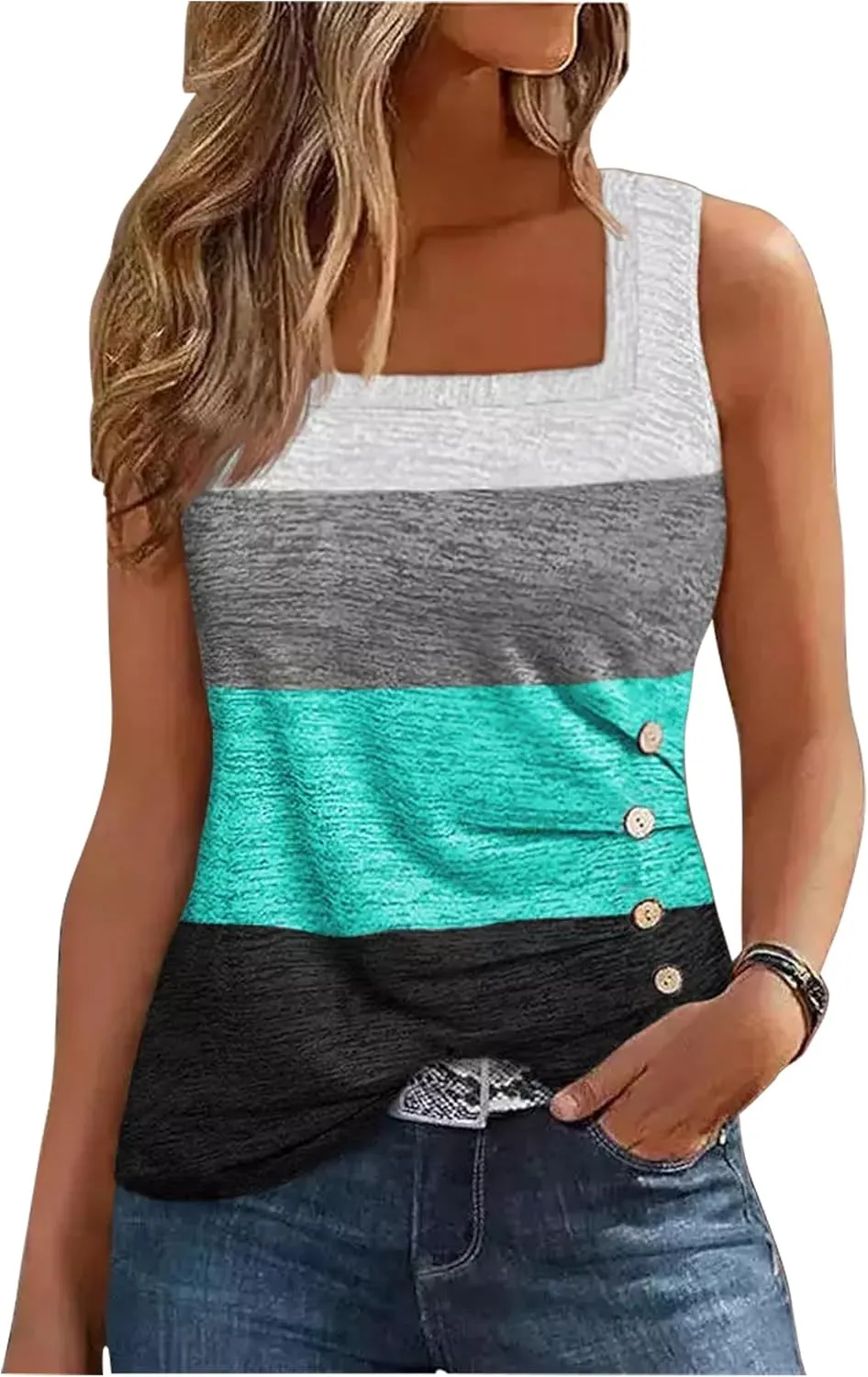 CHUNTIANRAN Color Block Ruched Button Square Collar Tank Top for Women Summer Tank Tee Casual Loose-Fit Sleeveless Shirt