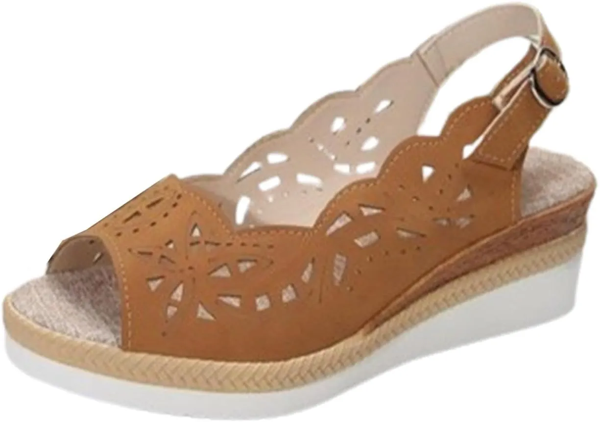 Comfort Peep Toe Wedge Sandals for Women Slingback Heel Cut-Out Vamp Wedges Sandal Summer Thick Bottom Belt Buckle Beach Vacation Travel Shoes