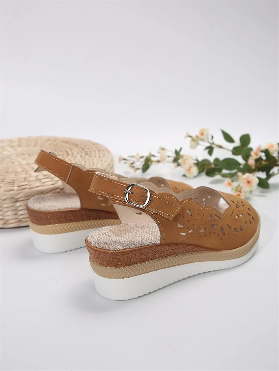 Comfort Peep Toe Wedge Sandals for Women Slingback Heel Cut-Out Vamp Wedges Sandal Summer Thick Bottom Belt Buckle Beach Vacation Travel Shoes