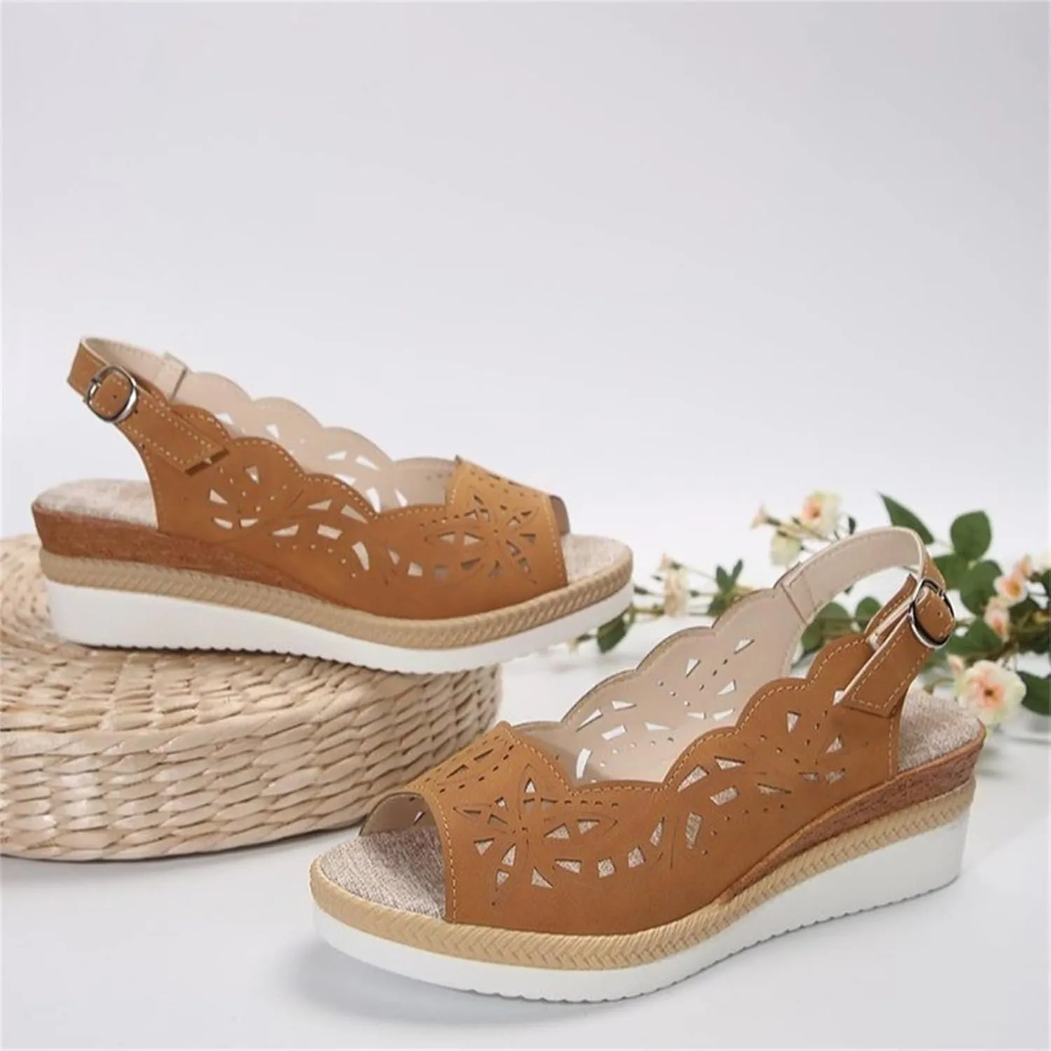 Comfort Peep Toe Wedge Sandals for Women Slingback Heel Cut-Out Vamp Wedges Sandal Summer Thick Bottom Belt Buckle Beach Vacation Travel Shoes