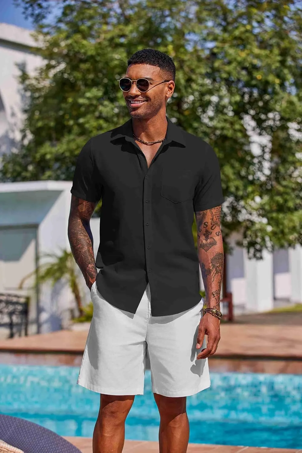 COOFANDY Men's Button Down Shirts Short Sleeve Casual Summer Shirts Beach Wedding Shirt with Pocket