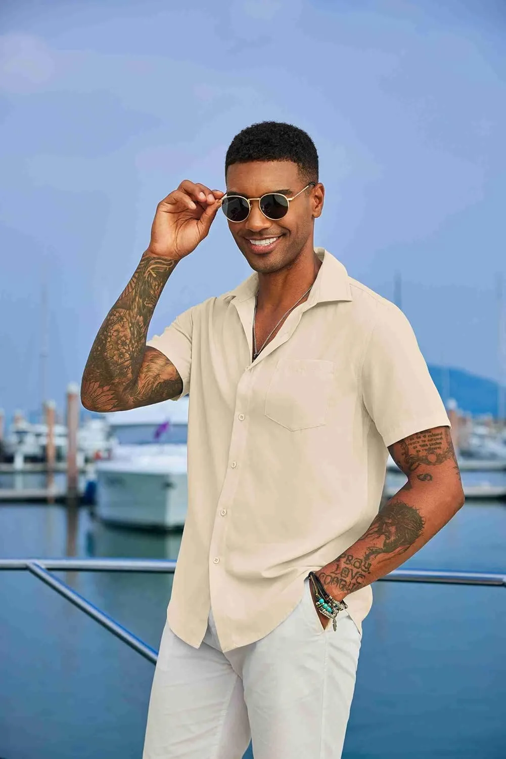 COOFANDY Men's Button Down Shirts Short Sleeve Casual Summer Shirts Beach Wedding Shirt with Pocket