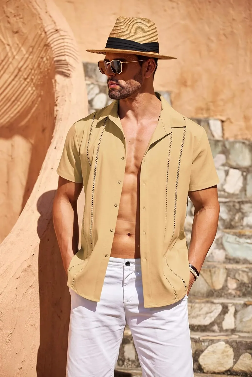 COOFANDY Men's Cuban Guayabera Shirt Short Sleeve Button Down Shirts Casual Summer Beach Linen Shirts
