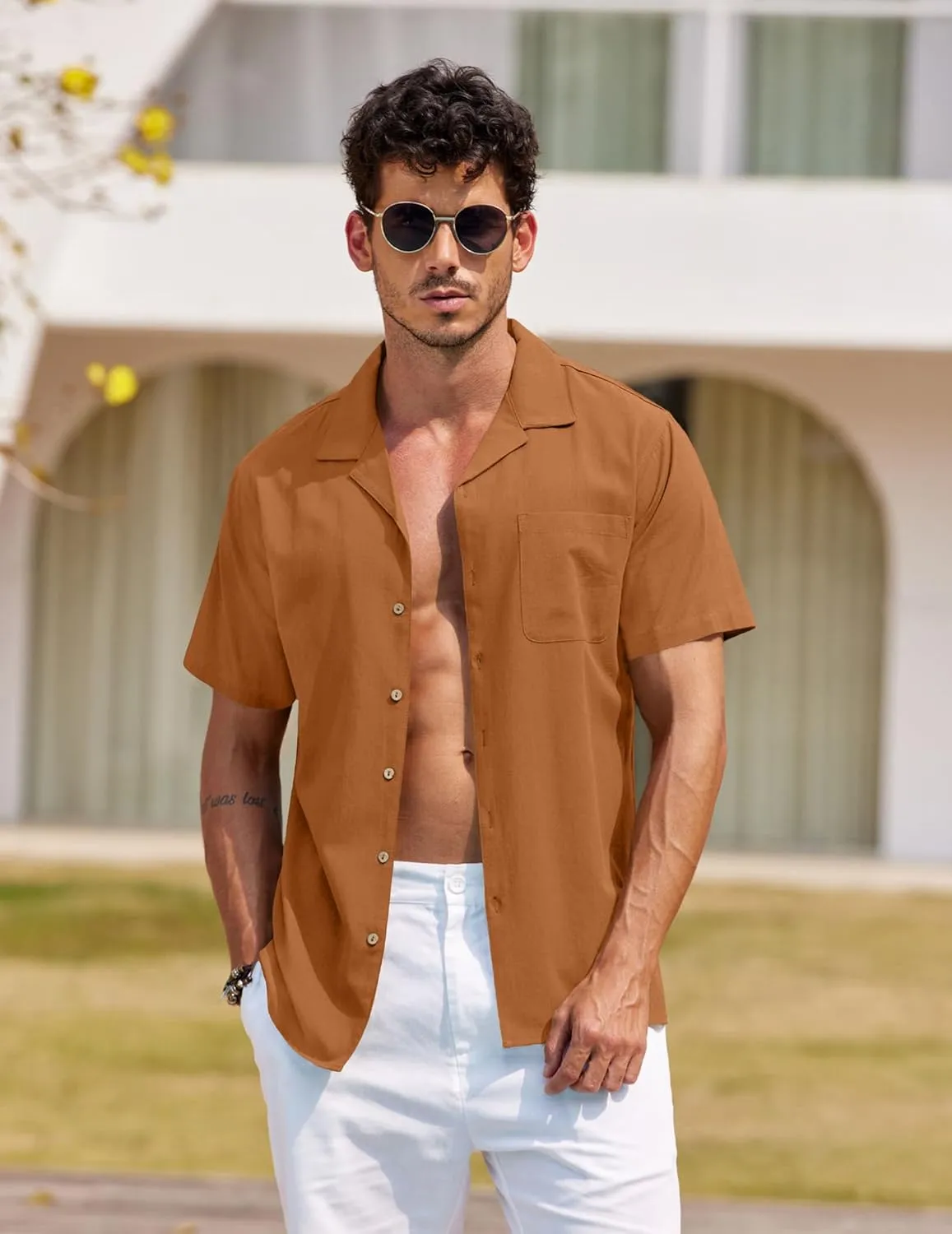COOFANDY Mens Hawaiian Shirt Short Sleeve Buttoon Down Shirts Casual Tropical Floral Summer Linen Shirts