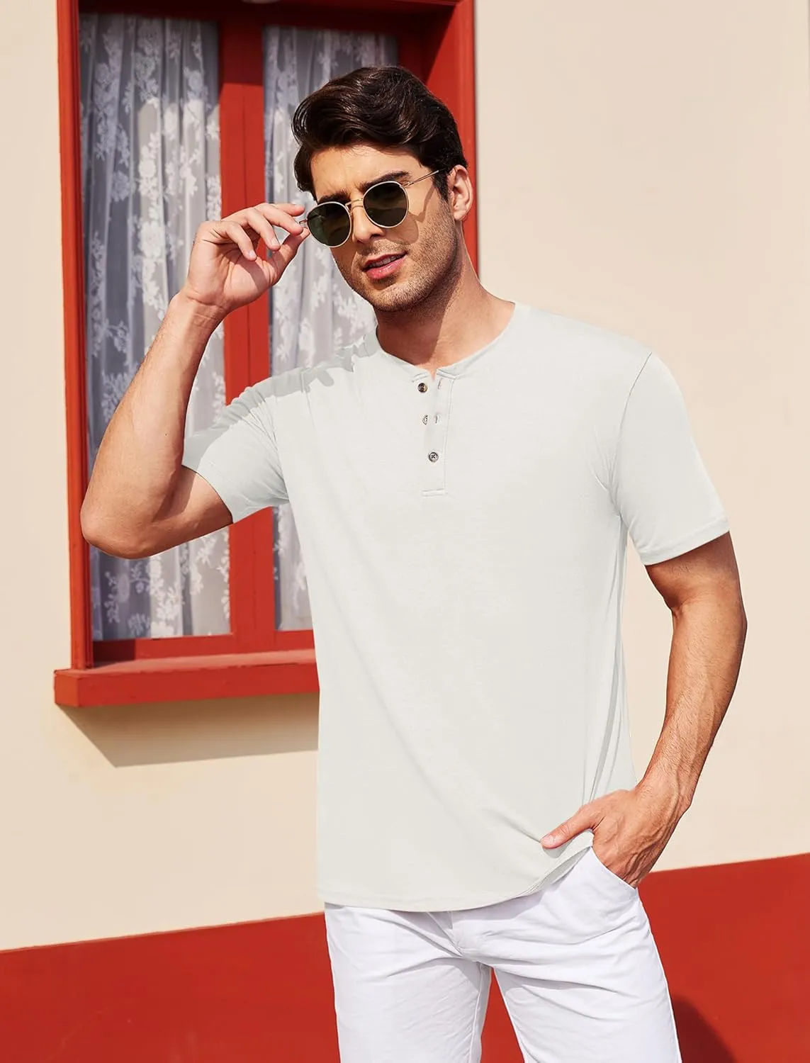 COOFANDY Men's Henley Shirts Short Sleeve Casual Basic Tee Summer Button Henley Soild T Shirts