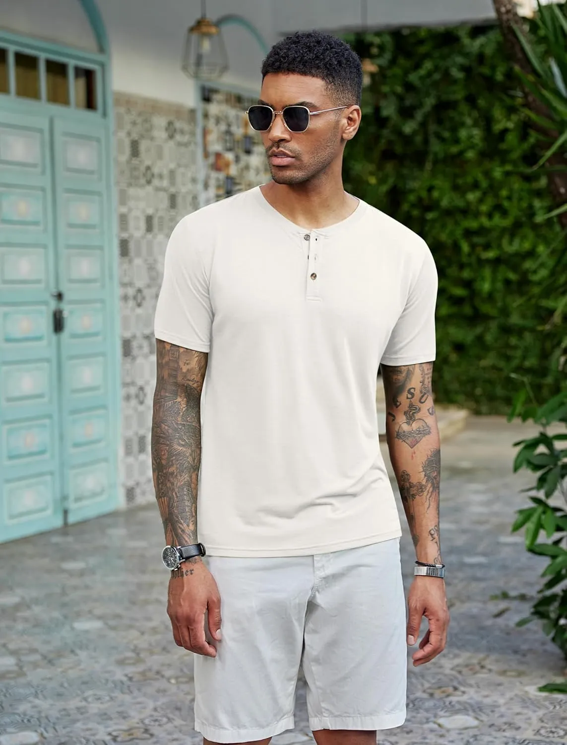 COOFANDY Men's Henley Shirts Short Sleeve Casual Basic Tee Summer Button Henley Soild T Shirts