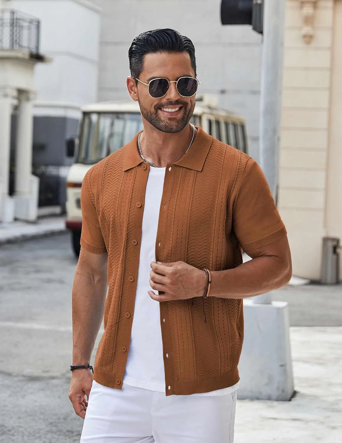 COOFANDY Mens Knit Button Down Shirt Short Sleeve Summer Casual Shirts Vintage Beach Vacation Shirts