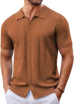 COOFANDY Mens Knit Button Down Shirt Short Sleeve Summer Casual Shirts Vintage Beach Vacation Shirts