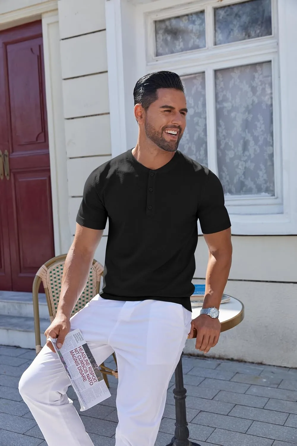 COOFANDY Men's Knit Henley Shirts Short Sleeve Casual Basic Tee Summer Button Soild T Shirts
