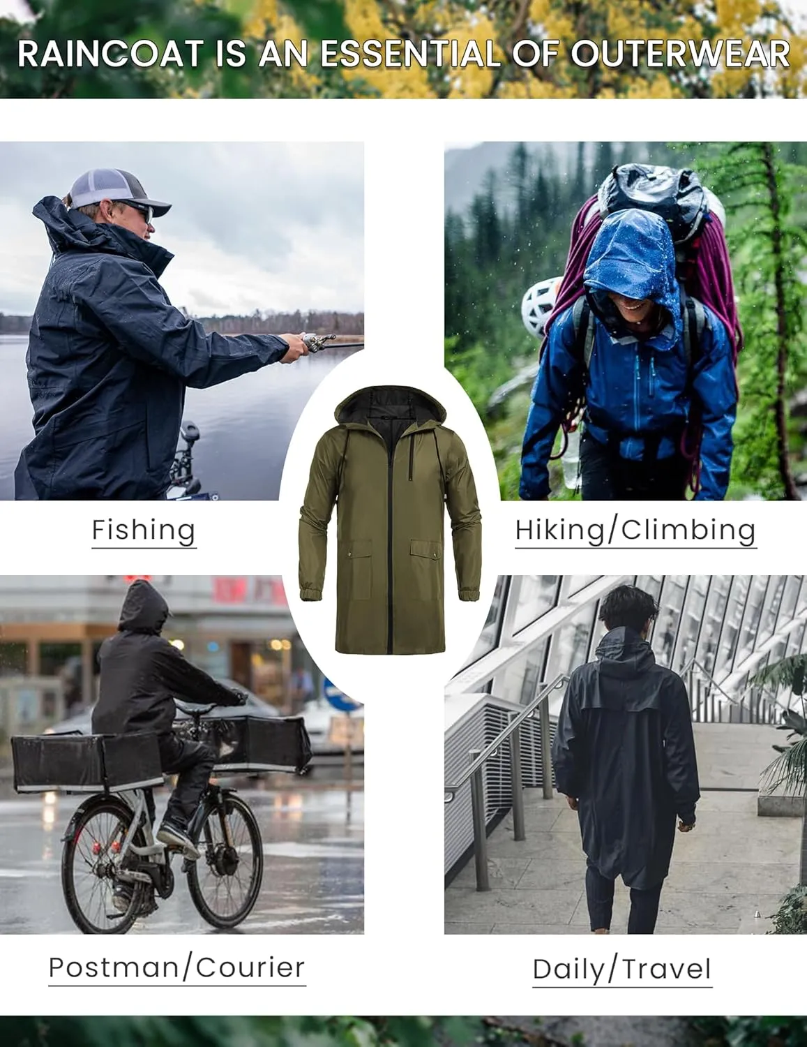 COOFANDY Men's Long Raincoat Ligtweight Rain Jacket Waterproof Outdoor Jackets with Hood
