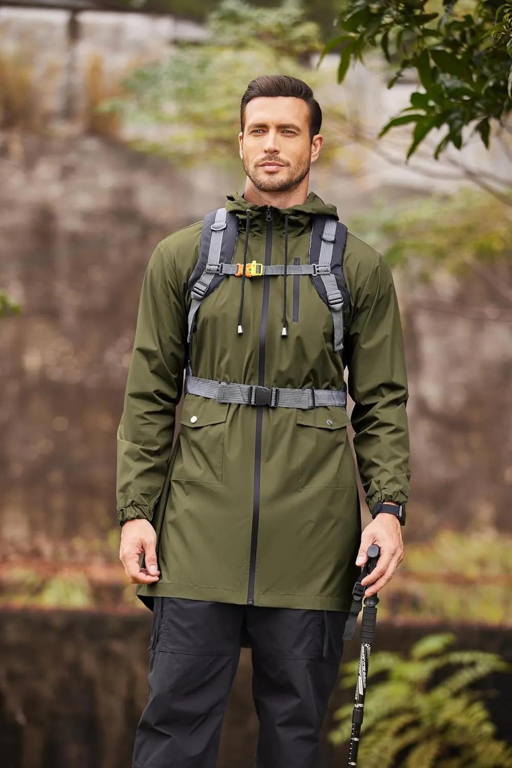 COOFANDY Men's Long Raincoat Ligtweight Rain Jacket Waterproof Outdoor Jackets with Hood