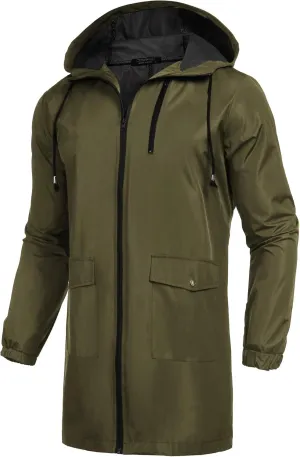 COOFANDY Men's Long Raincoat Ligtweight Rain Jacket Waterproof Outdoor Jackets with Hood