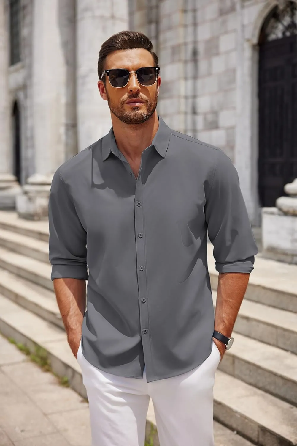 COOFANDY Men's Long Sleeve Button Down Shirts Casual Untucked Dress Shirt Summer Beach Wedding Shirts