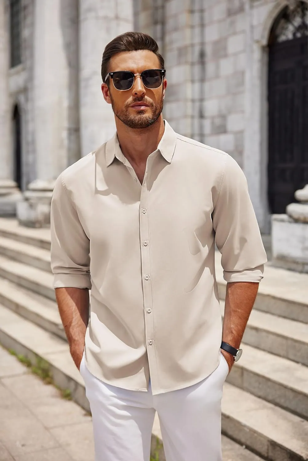 COOFANDY Men's Long Sleeve Button Down Shirts Casual Untucked Dress Shirt Summer Beach Wedding Shirts