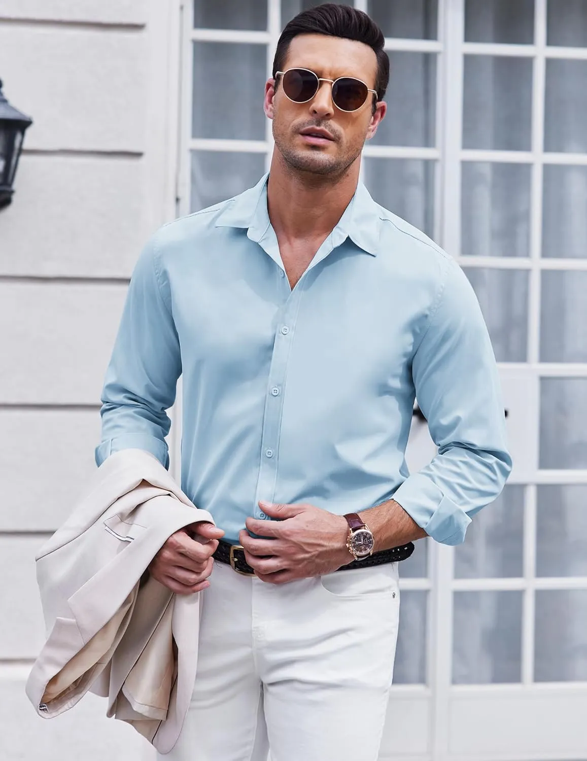COOFANDY Men's Long Sleeve Button Down Shirts Casual Untucked Dress Shirt Summer Beach Wedding Shirts