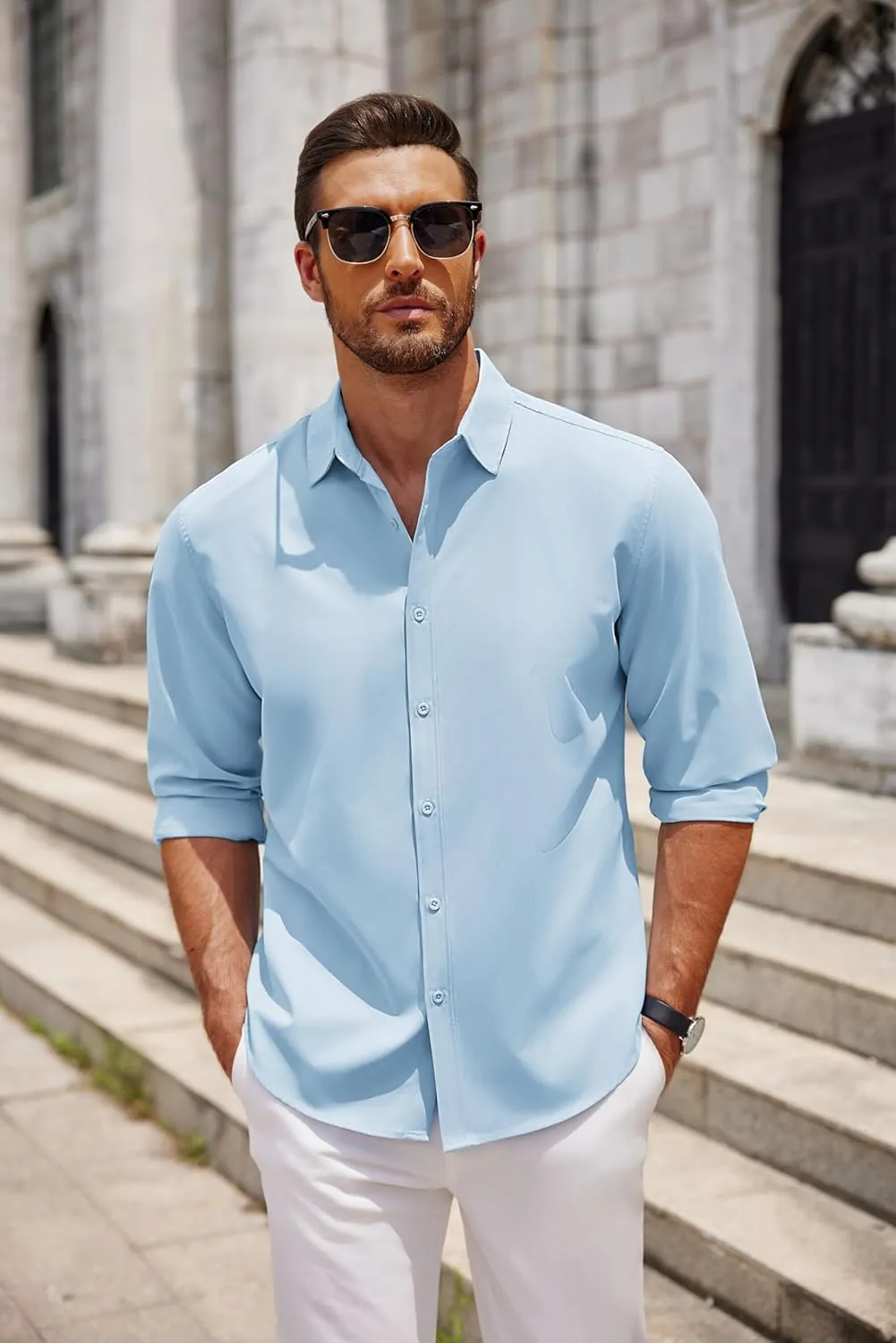 COOFANDY Men's Long Sleeve Button Down Shirts Casual Untucked Dress Shirt Summer Beach Wedding Shirts