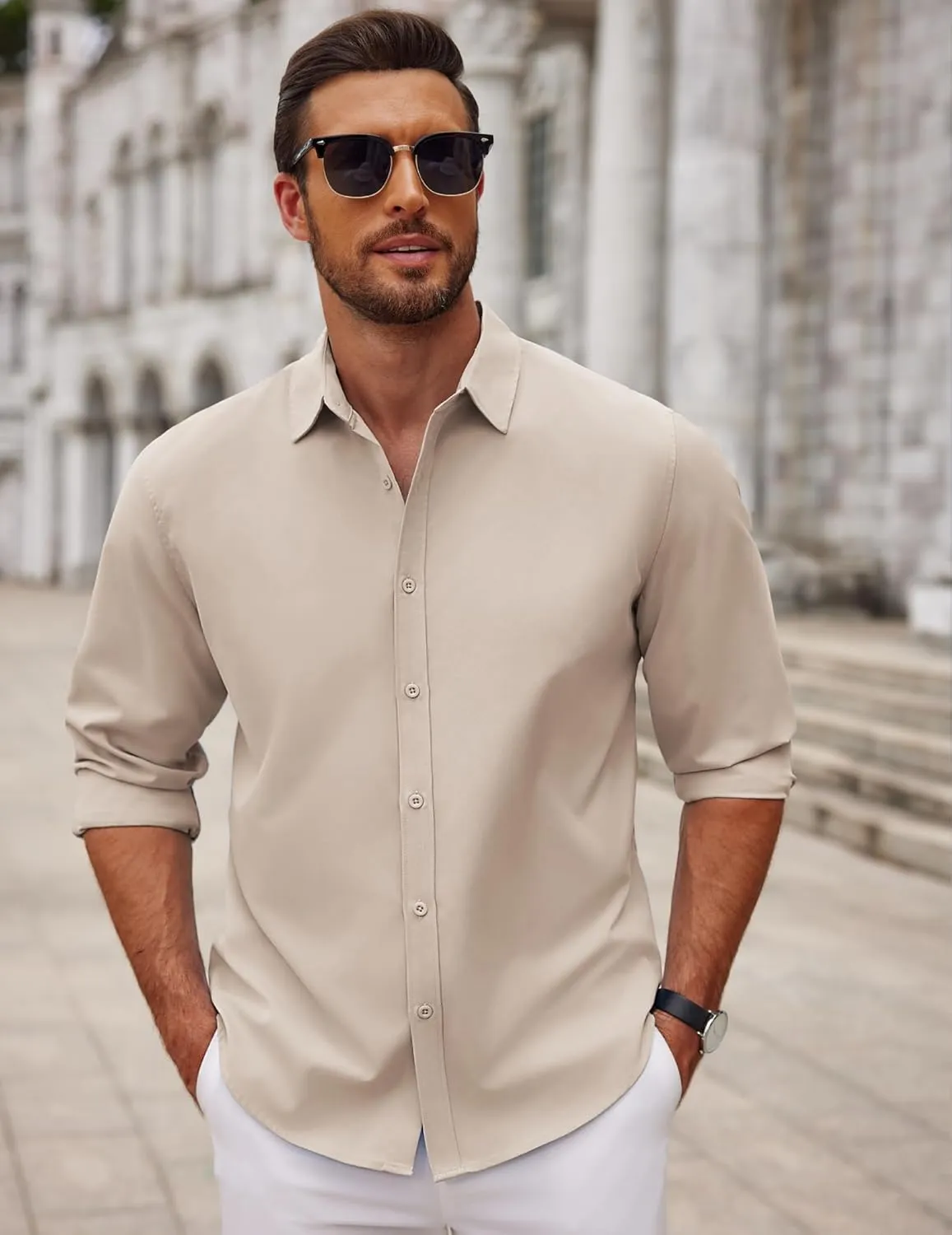 COOFANDY Men's Long Sleeve Button Down Shirts Casual Untucked Dress Shirt Summer Beach Wedding Shirts