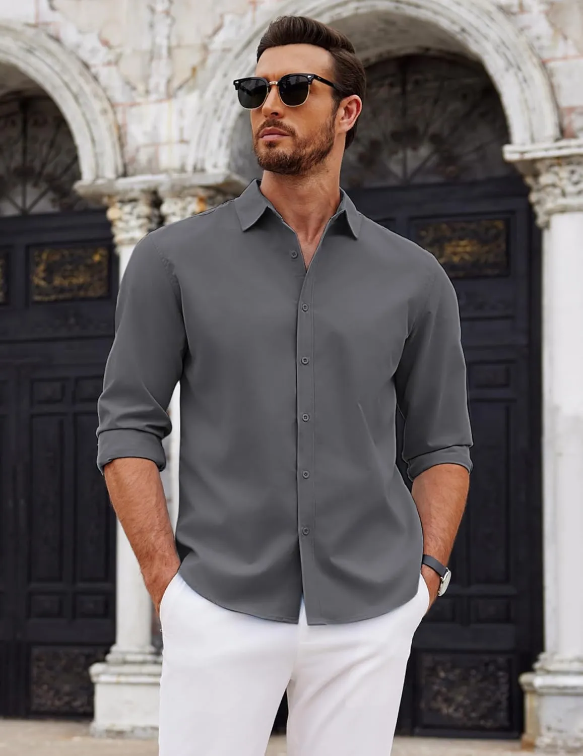 COOFANDY Men's Long Sleeve Button Down Shirts Casual Untucked Dress Shirt Summer Beach Wedding Shirts