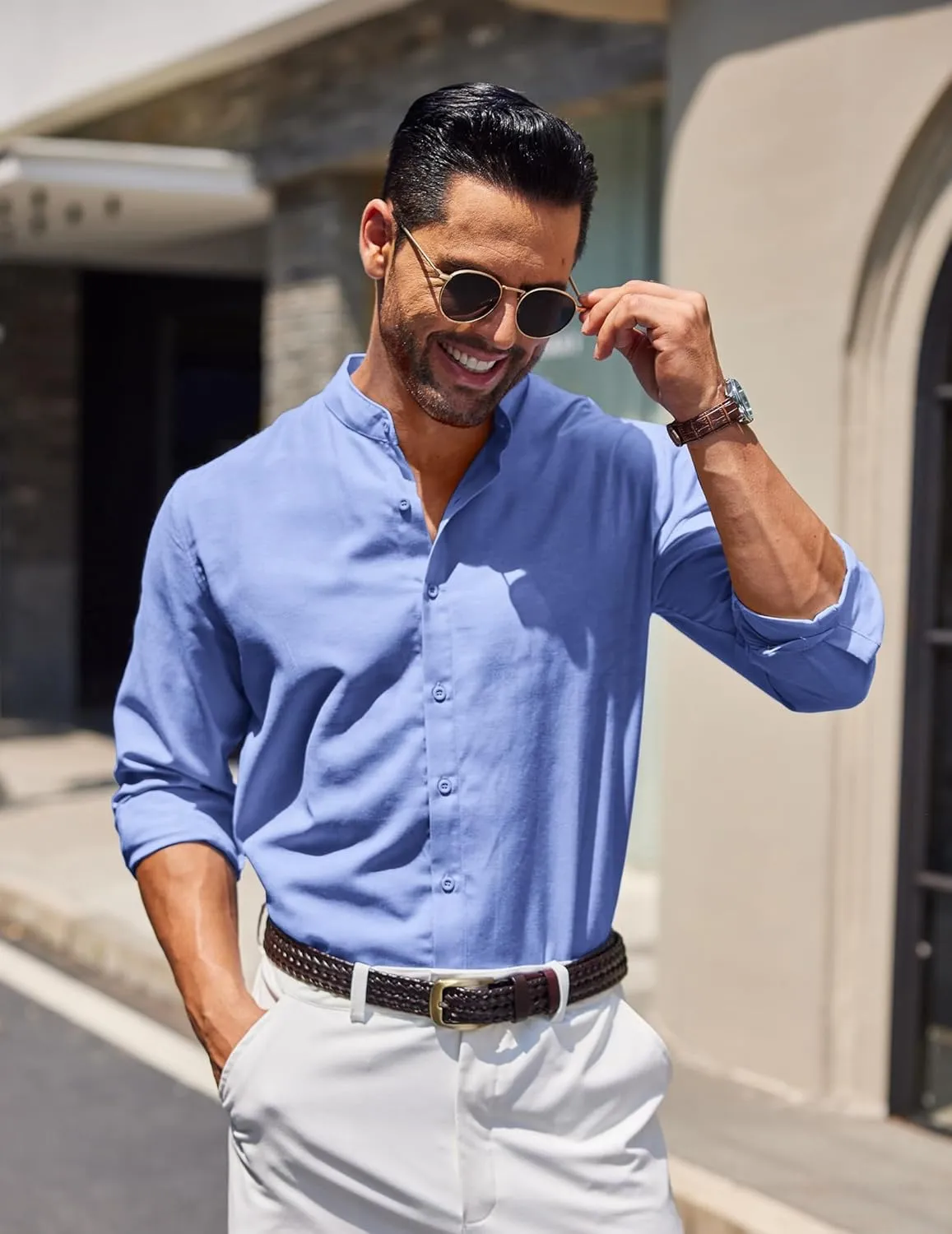 COOFANDY Men's Long Sleeve Oxford Dress Shirts Chambray Button Down Shirt Casual Band Collar Shirts